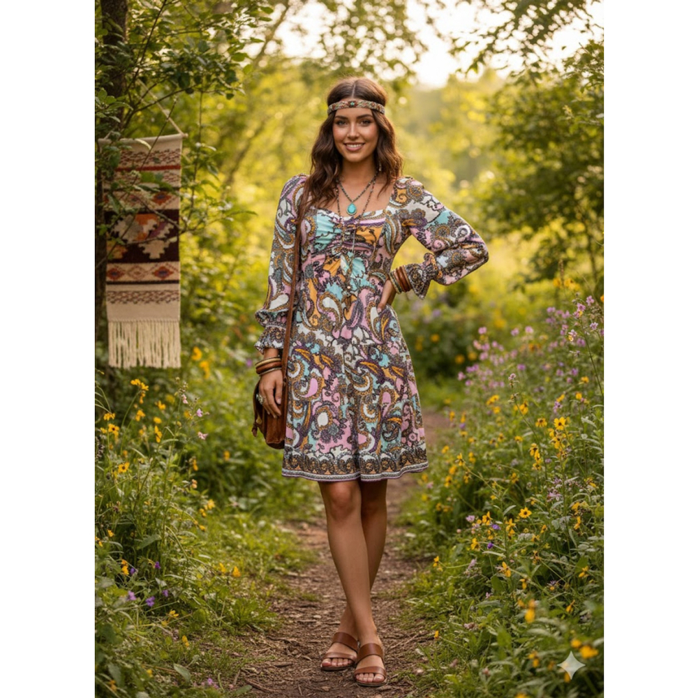 Hale Bob Dress XS Paisley Tiered Mini Long Sleeve Boho